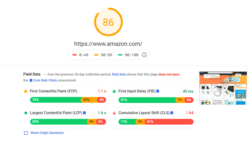 page speed insights example